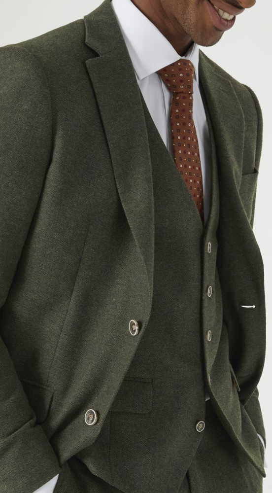 Olive Green Herringbone Lightweight Tweed Suit - Image 2